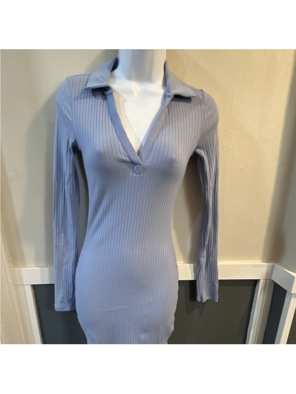 H&M Ribbed Long Sleeve Polo Sweater Dress in Light Lavender Blue